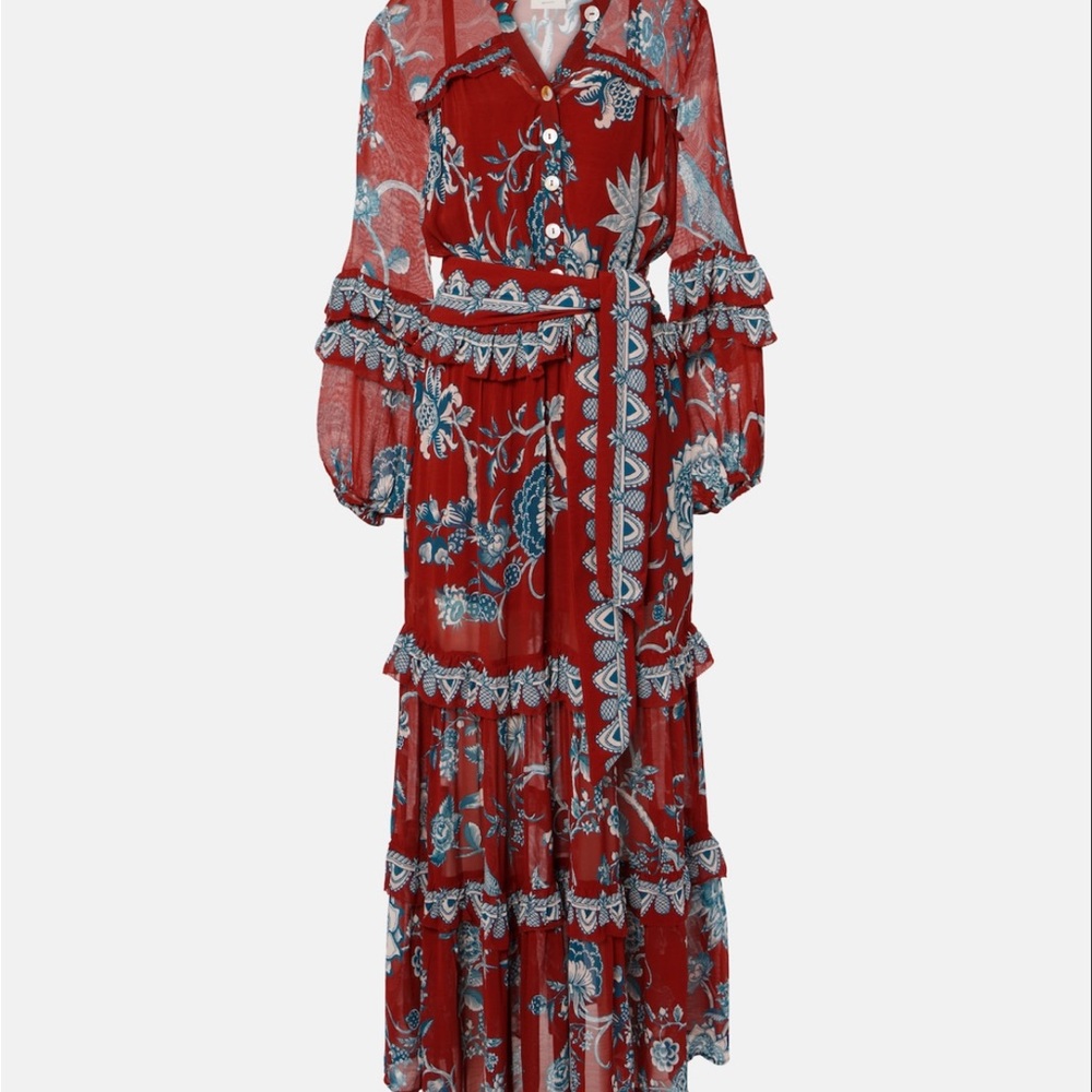 FARM Rio Tropical Landing Red Maxi Ruffled Tiered Sundress